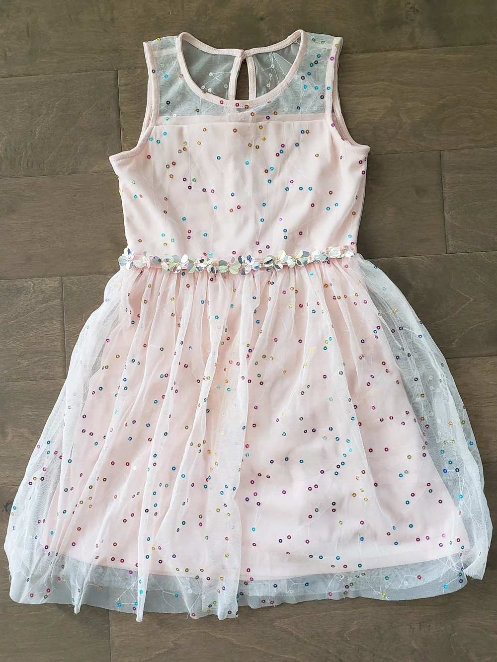 Justice Pink Sequin Floral Waist Tulle Dress 7Y